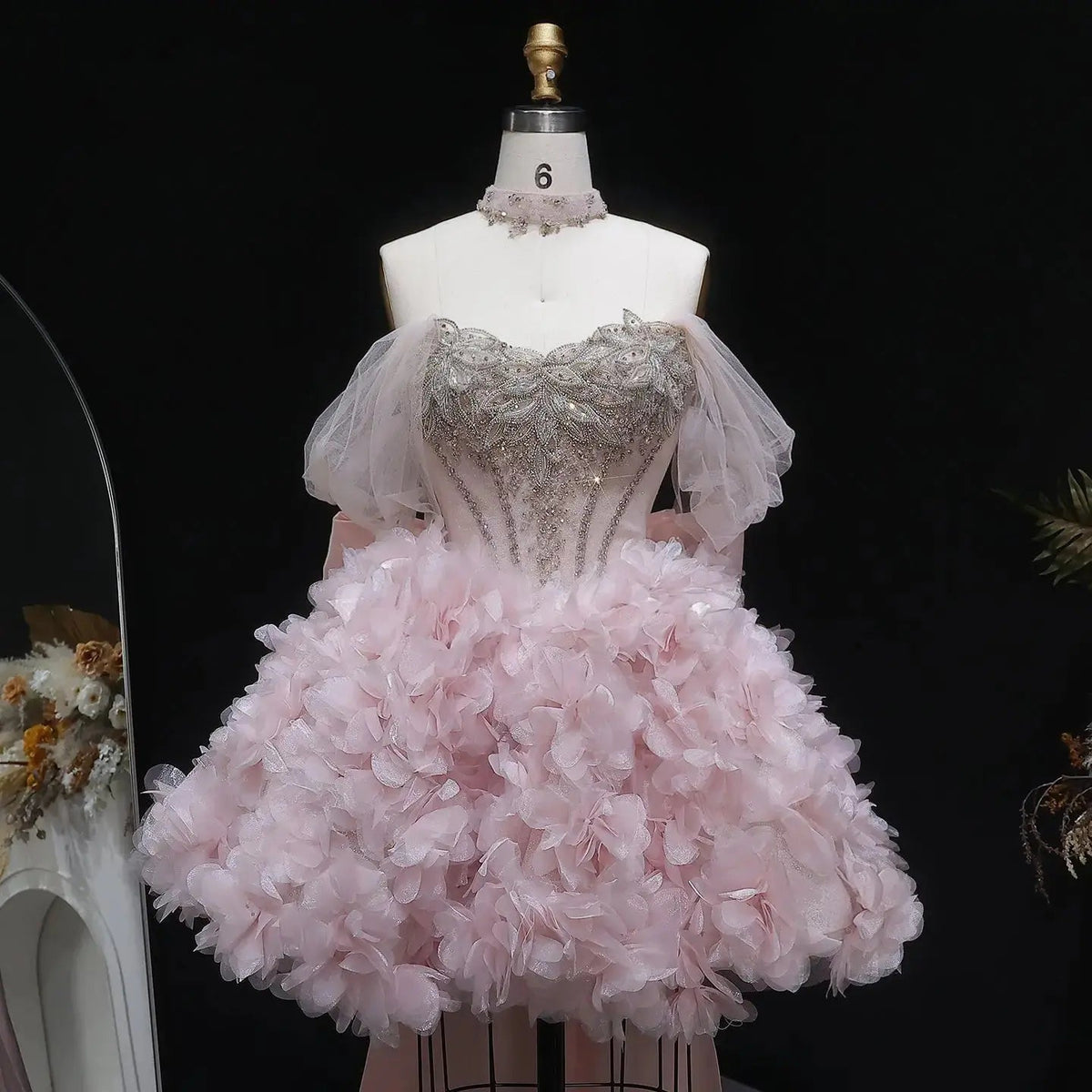Luxury Pink 3D Floral Train Evening Dress with Overskirt and Bow SS740