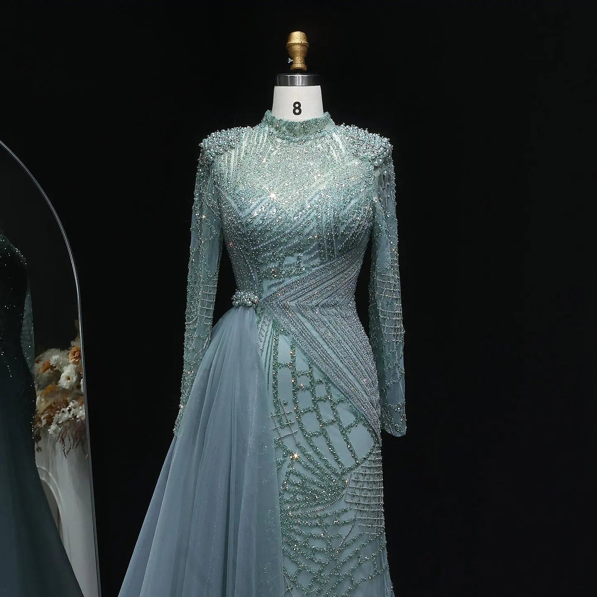 Glamorous Beaded Turquoise Evening Dress with Overskirt and Slit SS064