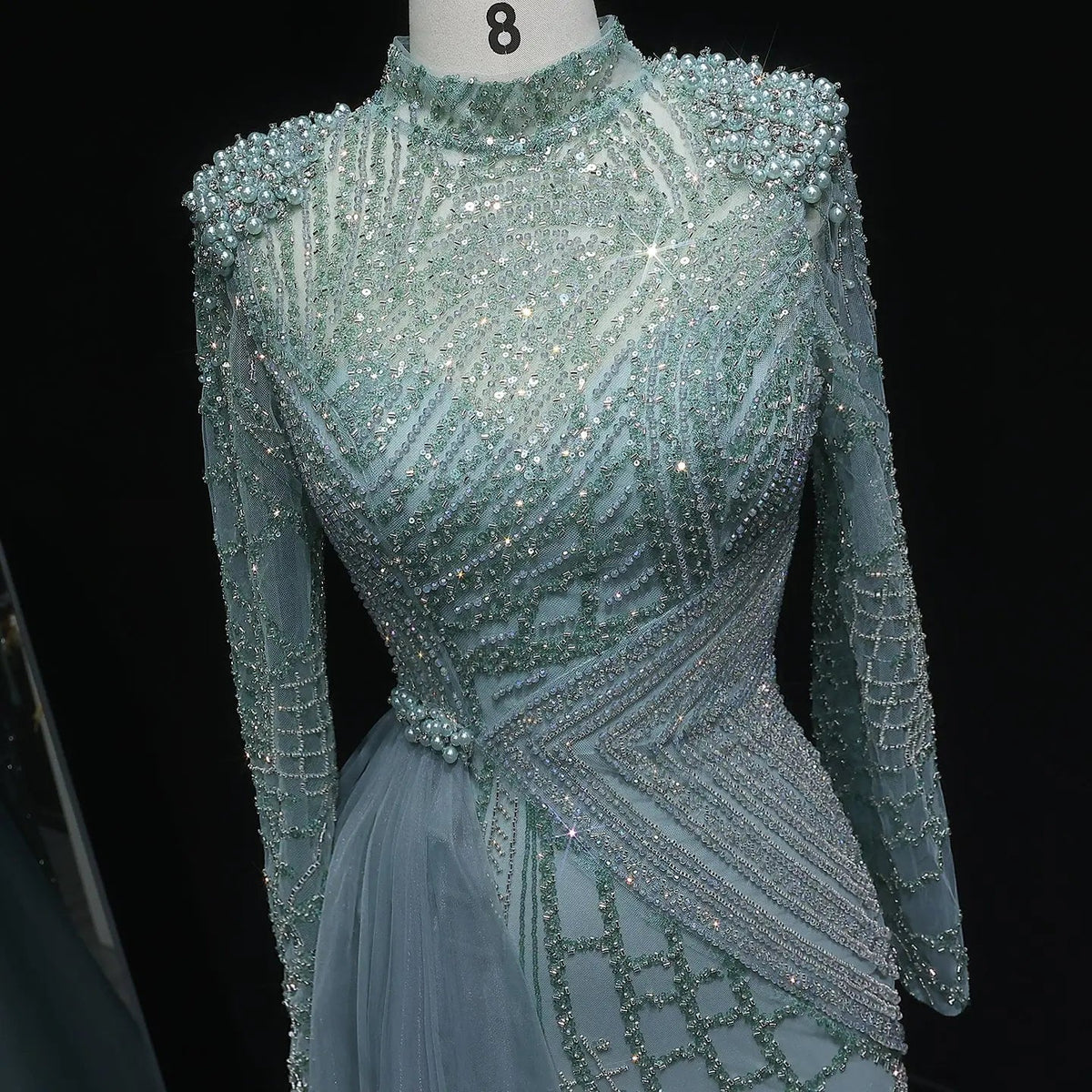 Glamorous Beaded Turquoise Evening Dress with Overskirt and Slit SS064