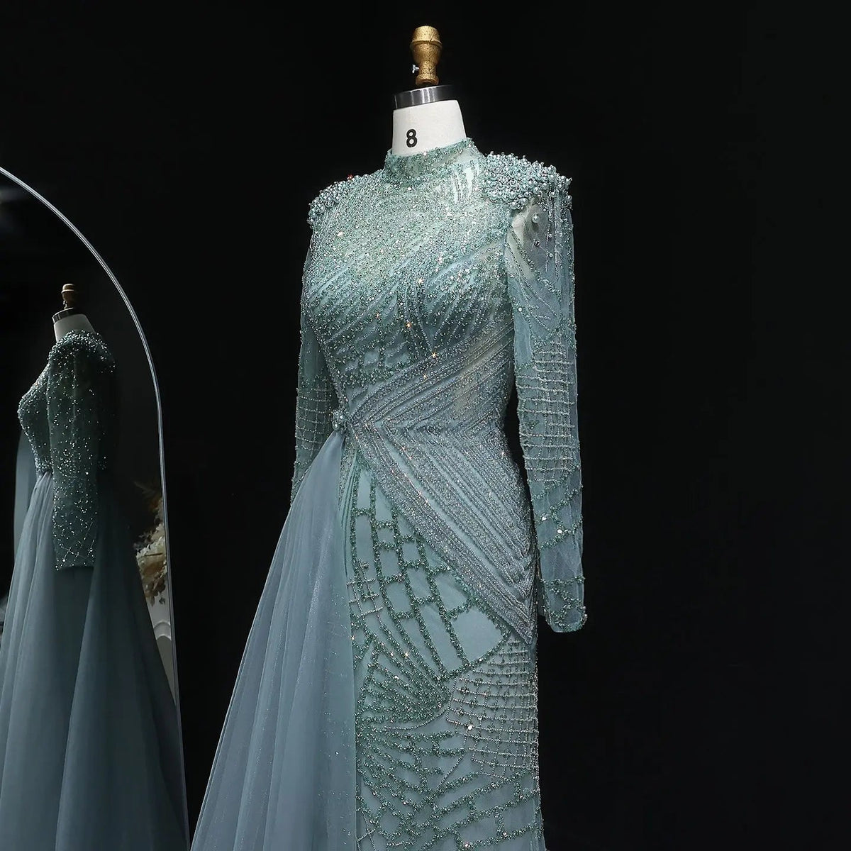 Glamorous Beaded Turquoise Evening Dress with Overskirt and Slit SS064
