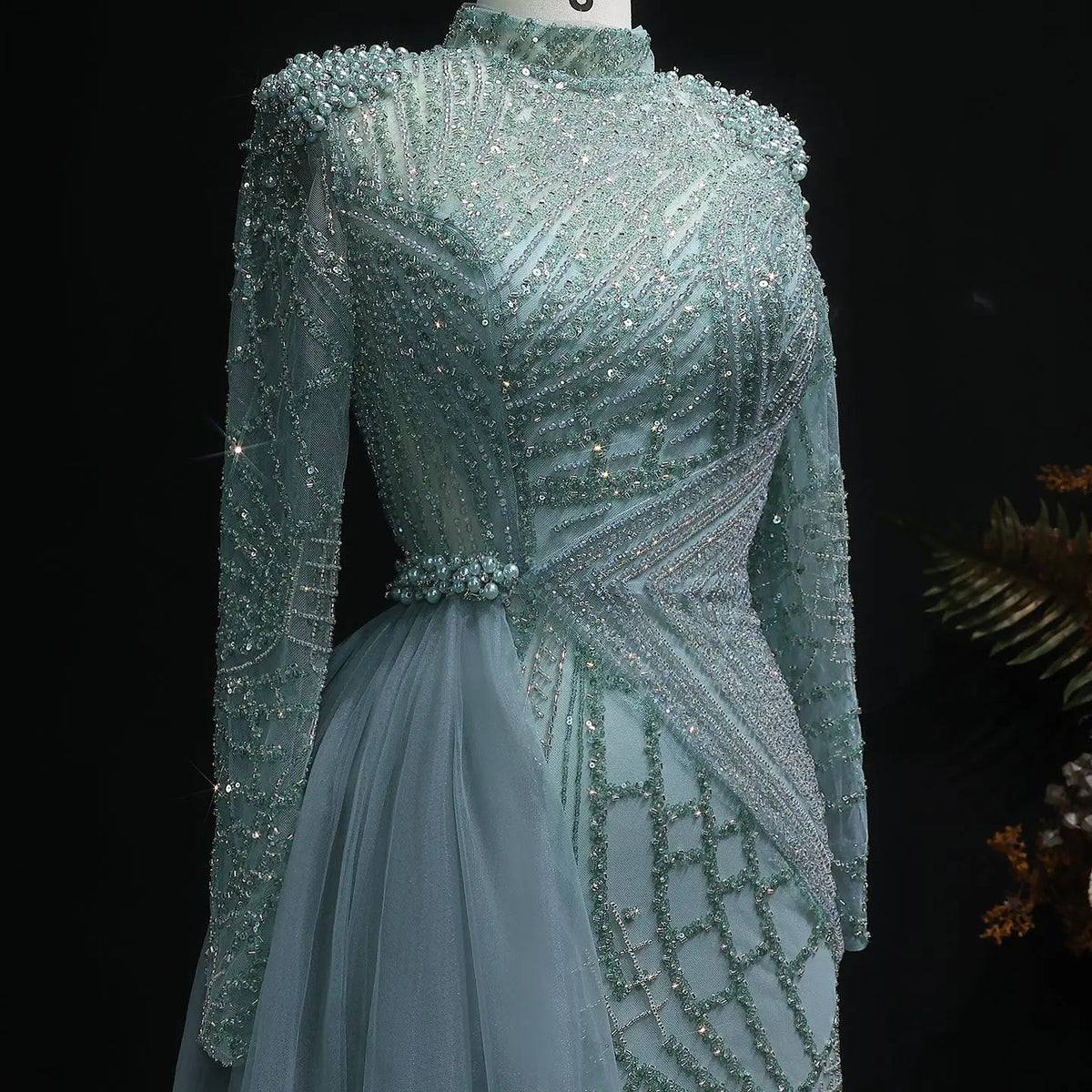 Glamorous Beaded Turquoise Evening Dress with Overskirt and Slit SS064