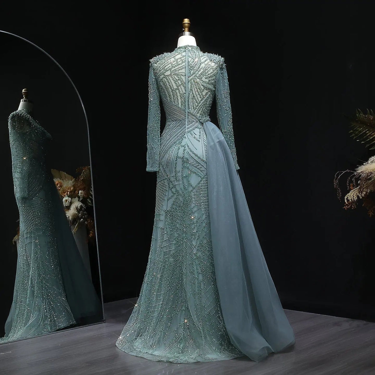 Glamorous Beaded Turquoise Evening Dress with Overskirt and Slit SS064