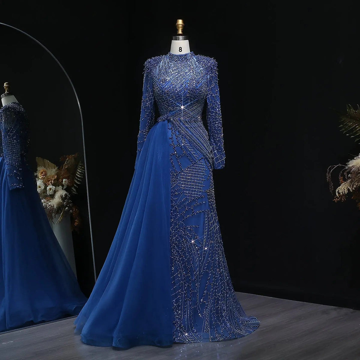 Glamorous Beaded Turquoise Evening Dress with Overskirt and Slit SS064