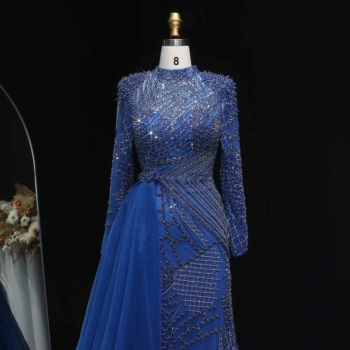 Glamorous Beaded Turquoise Evening Dress with Overskirt and Slit SS064