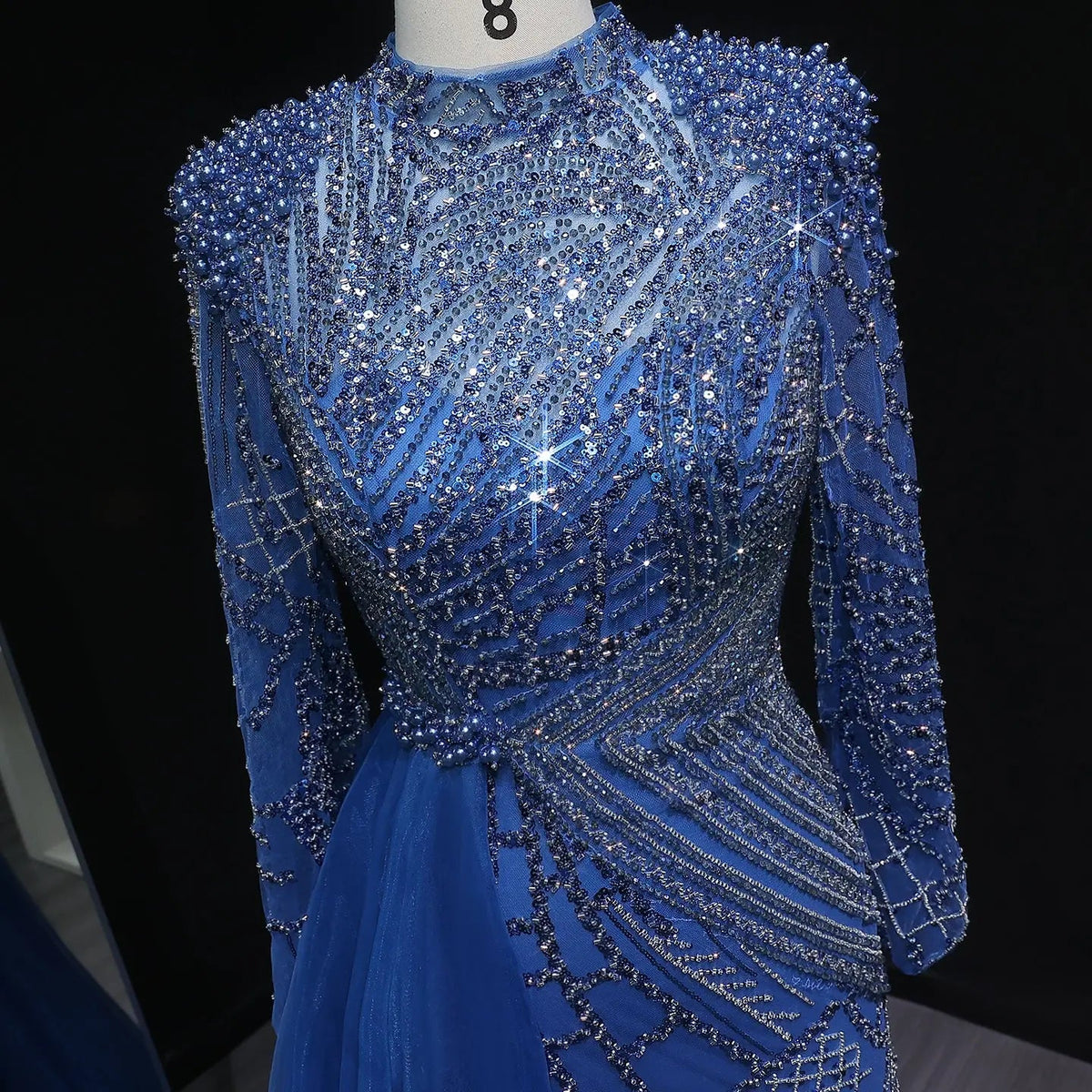 Glamorous Beaded Turquoise Evening Dress with Overskirt and Slit SS064