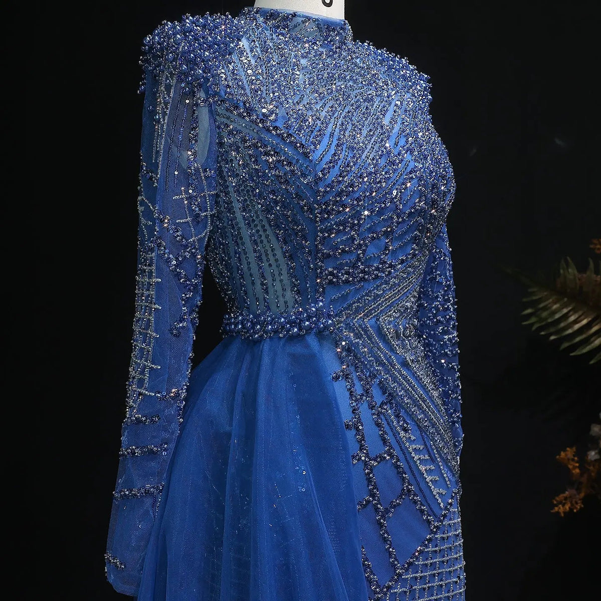 Glamorous Beaded Turquoise Evening Dress with Overskirt and Slit SS064