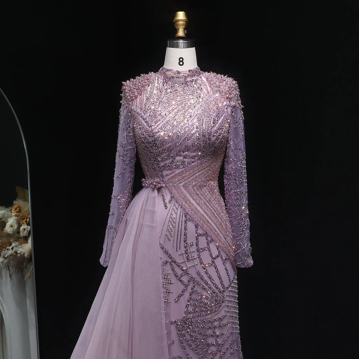 Glamorous Beaded Turquoise Evening Dress with Overskirt and Slit SS064