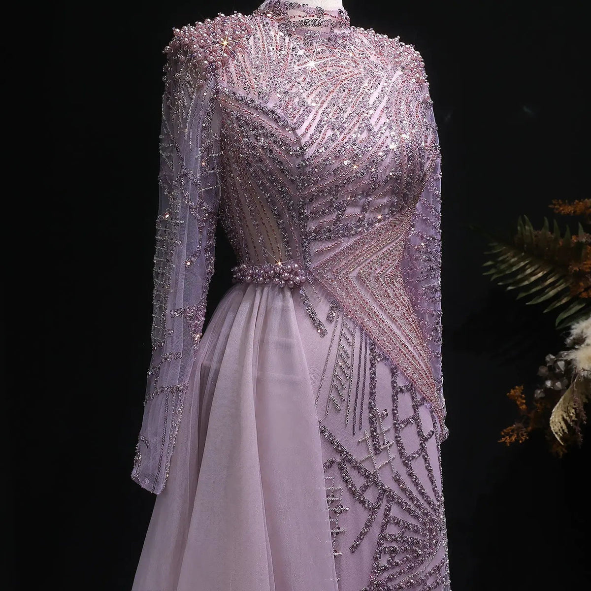 Glamorous Beaded Turquoise Evening Dress with Overskirt and Slit SS064