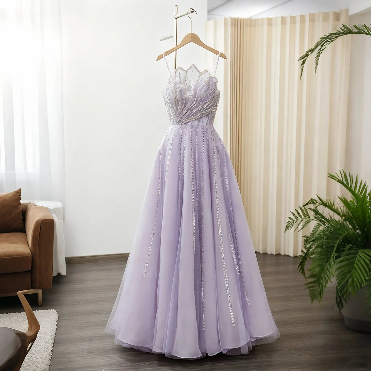 Luxury Beaded Lilac Scalloped Evening Dress SS247