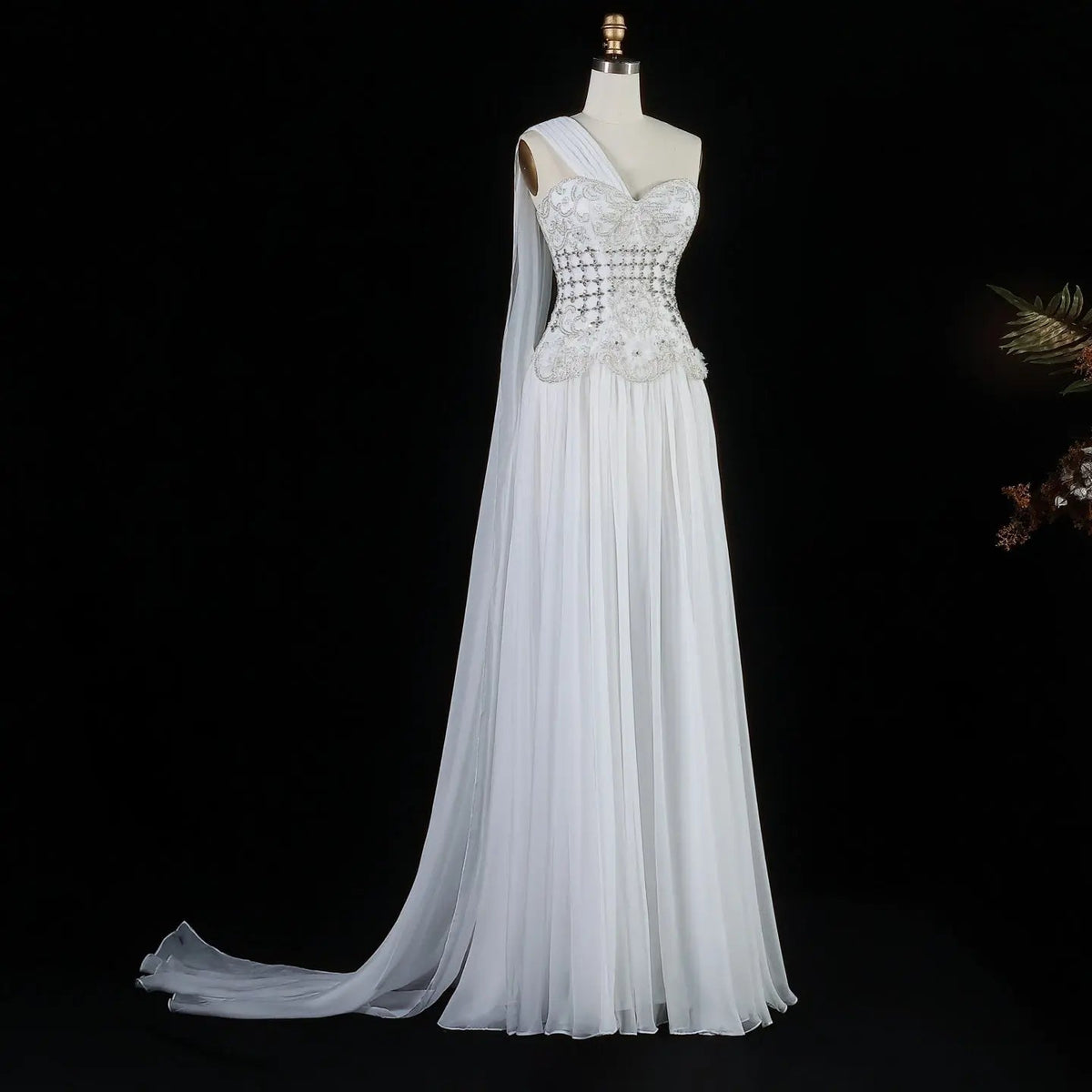 Luxury Blush Pink Beaded 3D Floral One-Shoulder Cape Evening Dress SS285