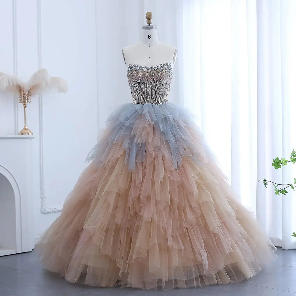 Luxury Rose Gold Ruffles Ball Gown Evening Dress SS731