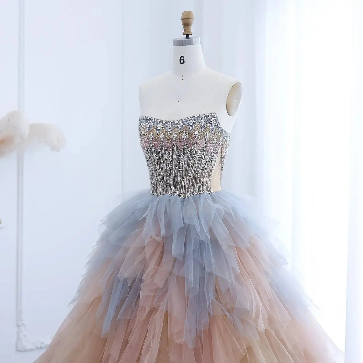 Luxury Rose Gold Ruffles Ball Gown Evening Dress SS731
