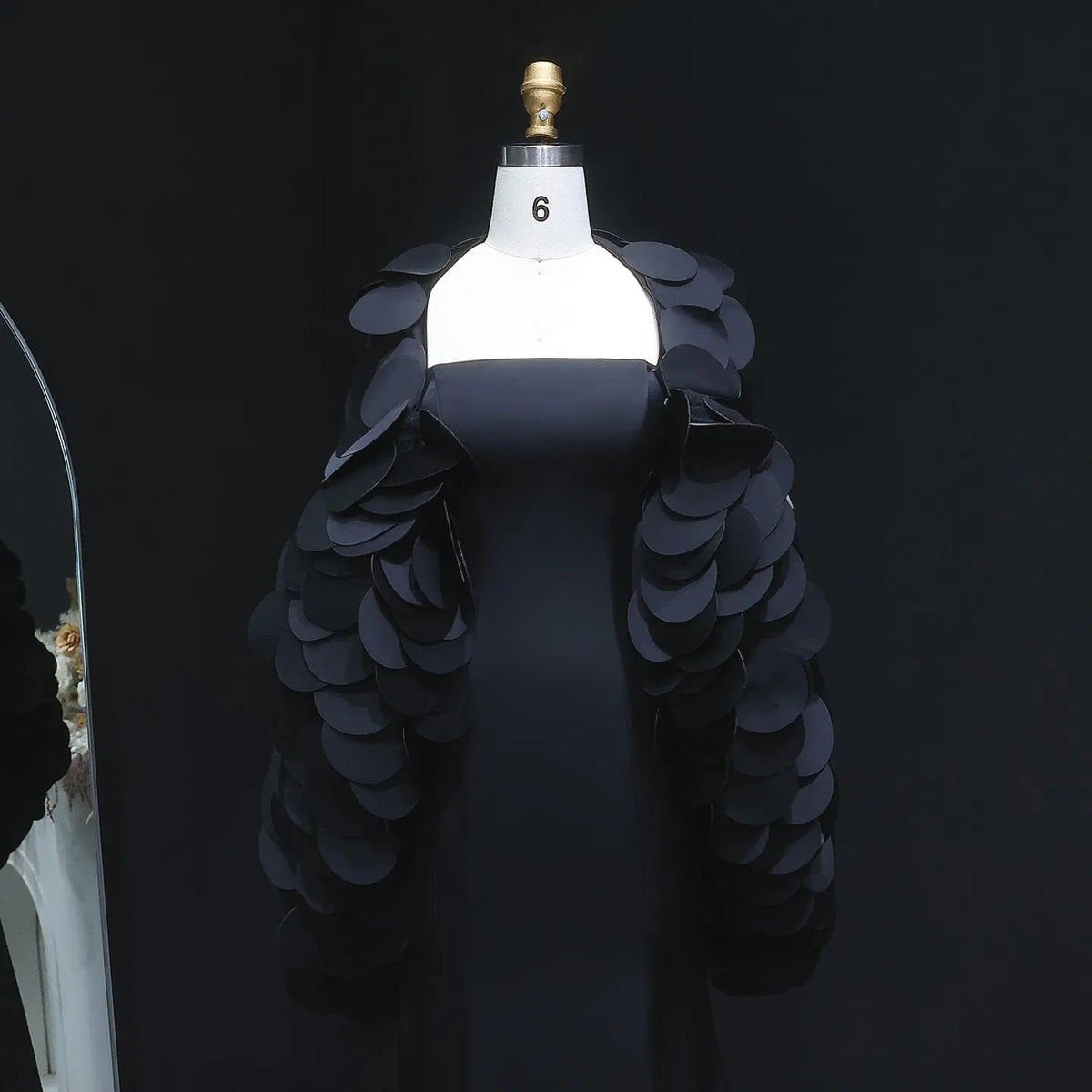Luxury Black Strapless Mermaid Evening Dress with Petal Overlay SF 588