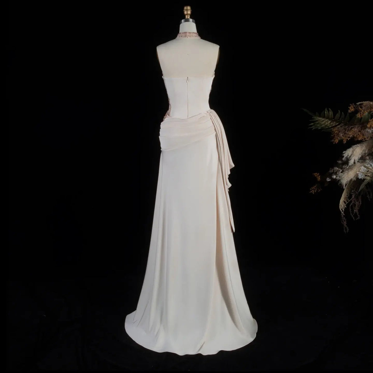 Luxury Beige Strapless Beaded Evening Dress with Overskirt and Scarf SS242