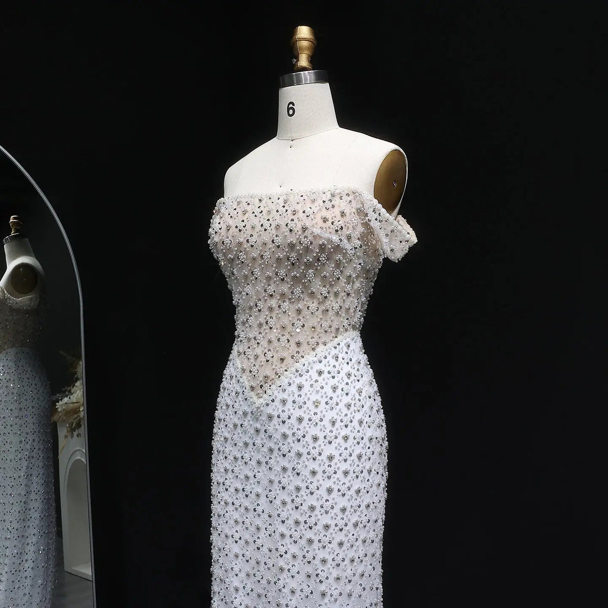 Glamorous Stunning White Sequin Beaded Off-Shoulder Evening Dress SS610