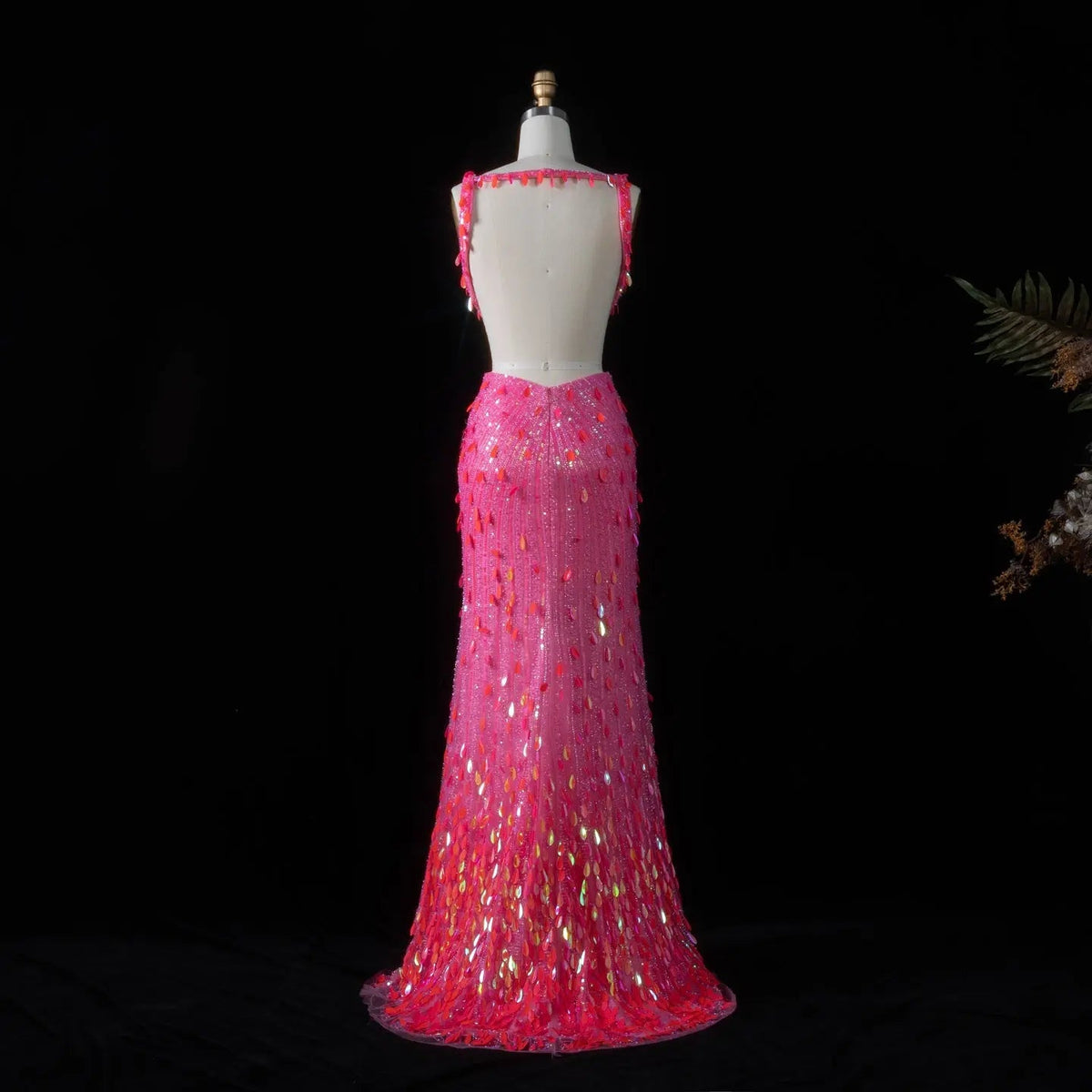 Luxury Fuchsia Deep V Sequin Cutout High-Slit Mermaid Prom Dress SH351