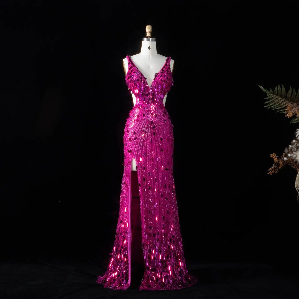 Luxury Fuchsia Deep V Sequin Cutout High-Slit Mermaid Prom Dress SH351