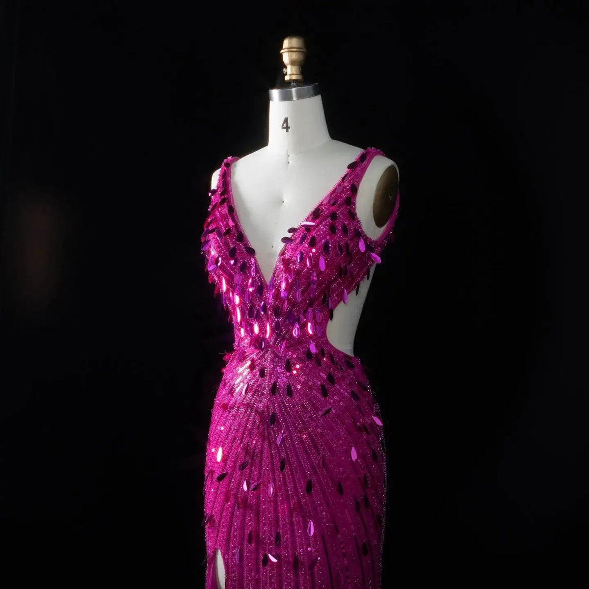 Luxury Fuchsia Deep V Sequin Cutout High-Slit Mermaid Prom Dress SH351
