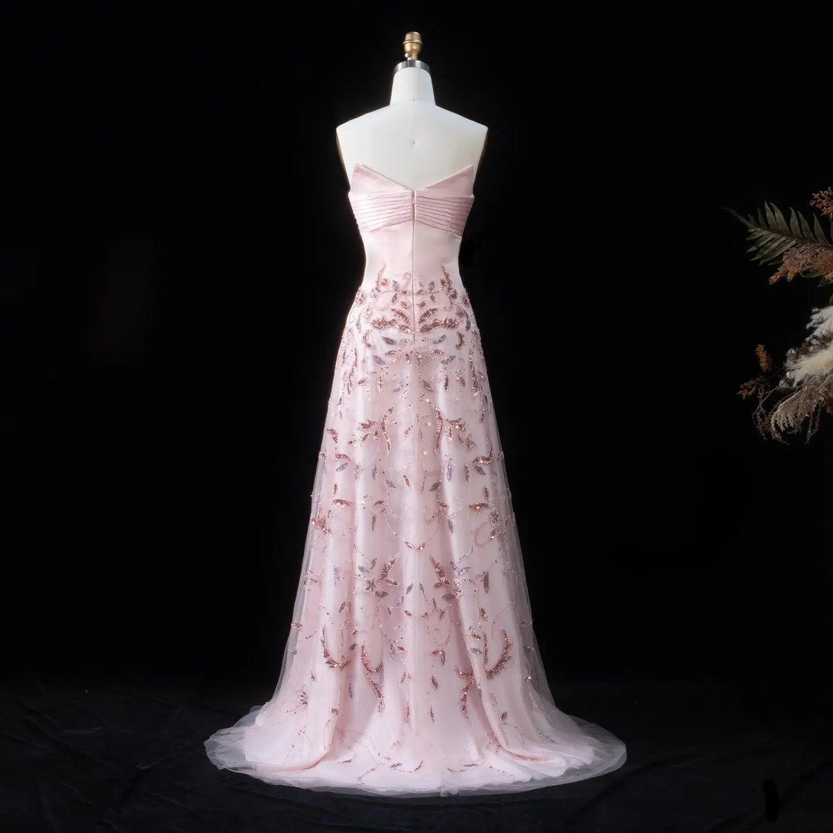 Luxury Pink Embroidered Beaded Strapless Fitted Evening Dress SS529