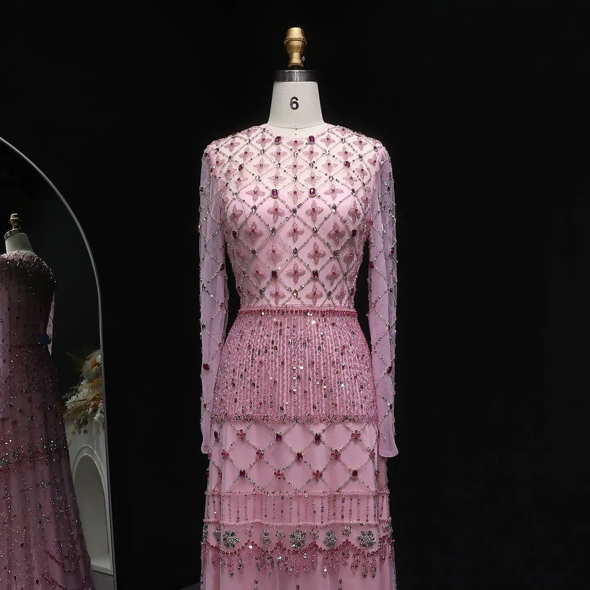Luxury Pink Crystal Beaded Long Sleeve Embroidered Evening Dress SS220