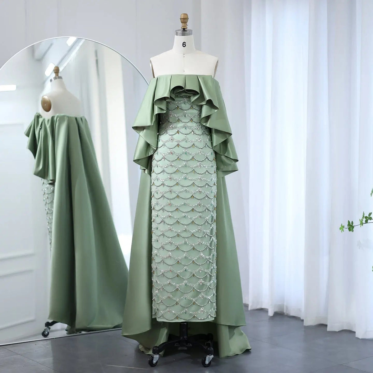 Luxury Sage Green Strapless Evening Dress with Cape SS383
