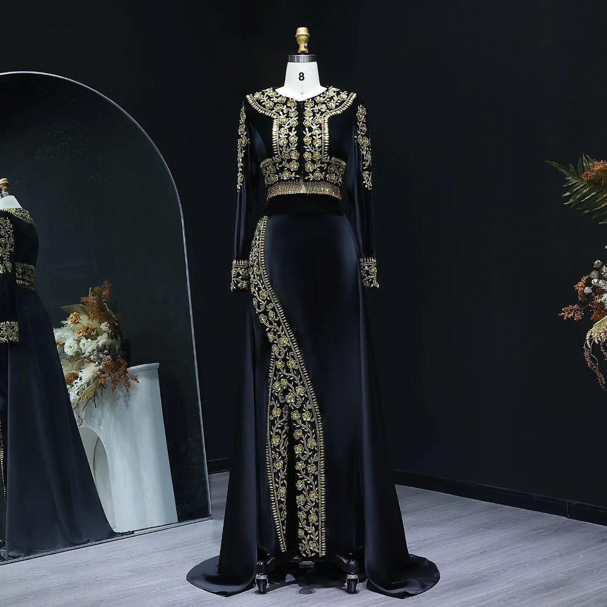Elegant Black Crystal Two Pieces Evening Dress with Slit SS458