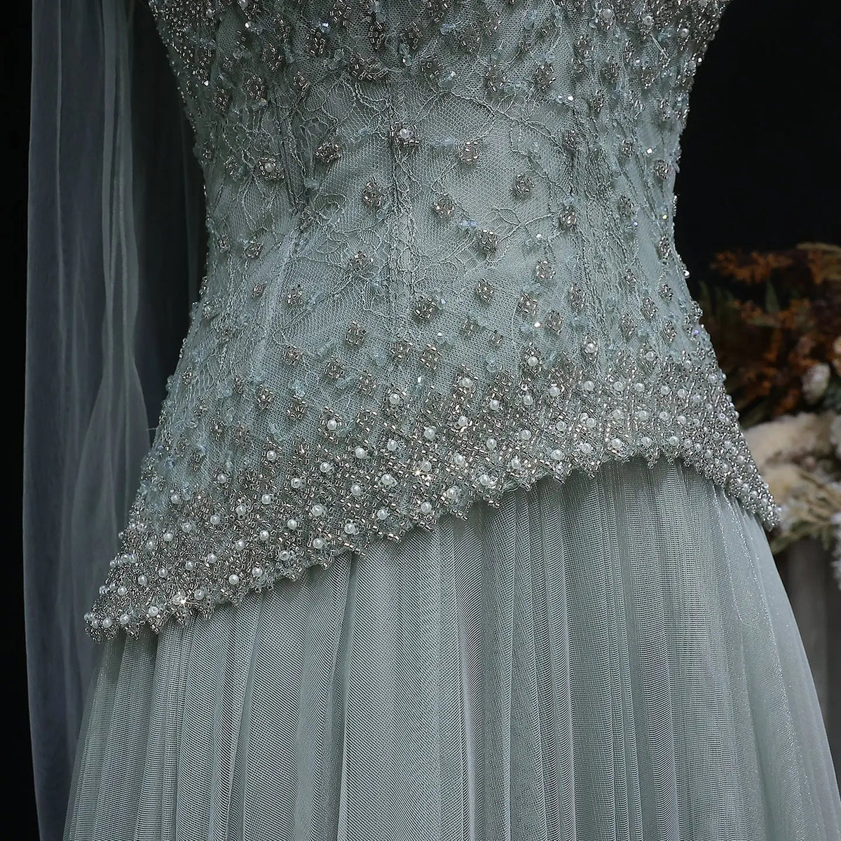 Luxury Sage Green Beaded A-Line Evening Dress with Scarf SS299