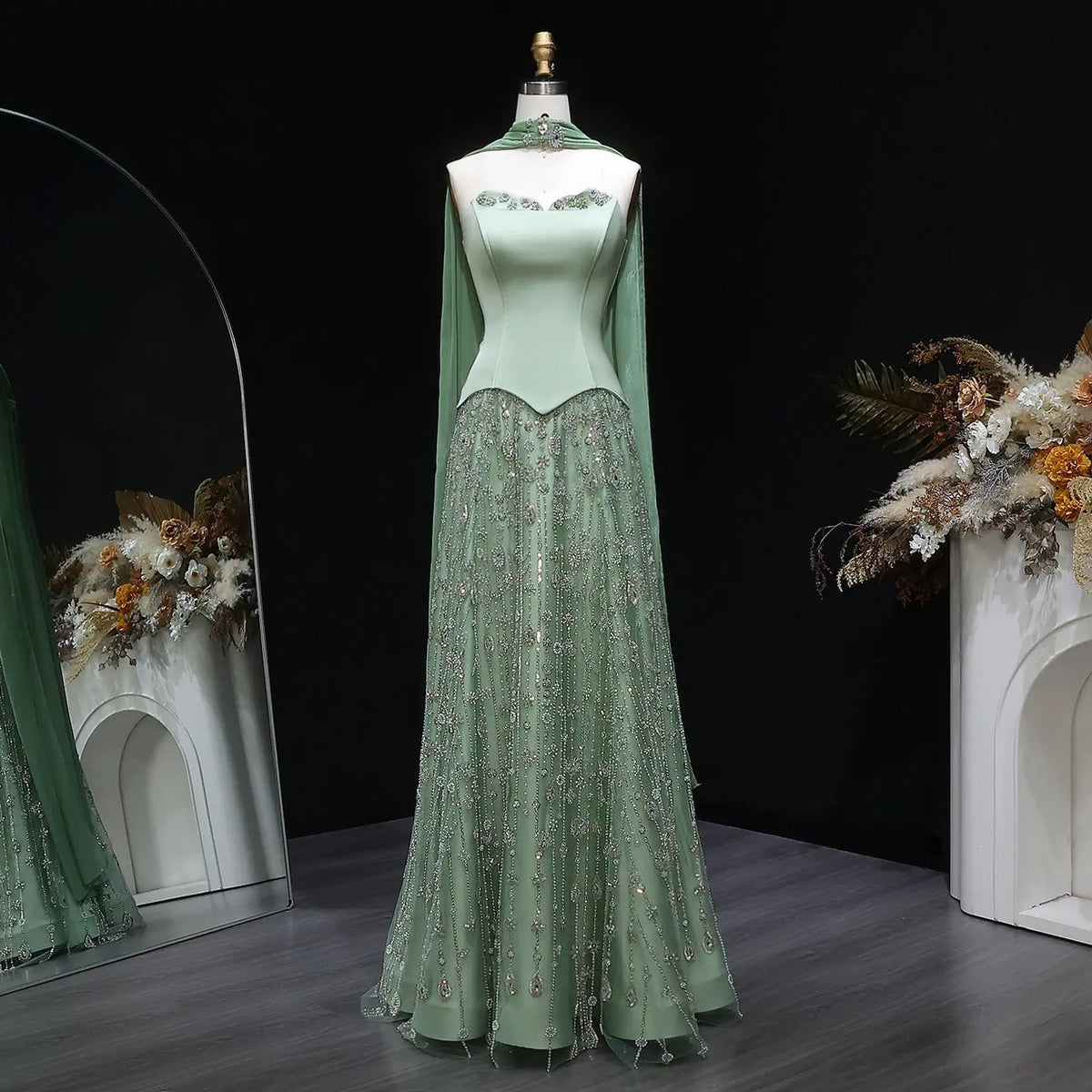 Luxury Vibrant Strapless Green Beaded Evening Dress with Scarf SS627