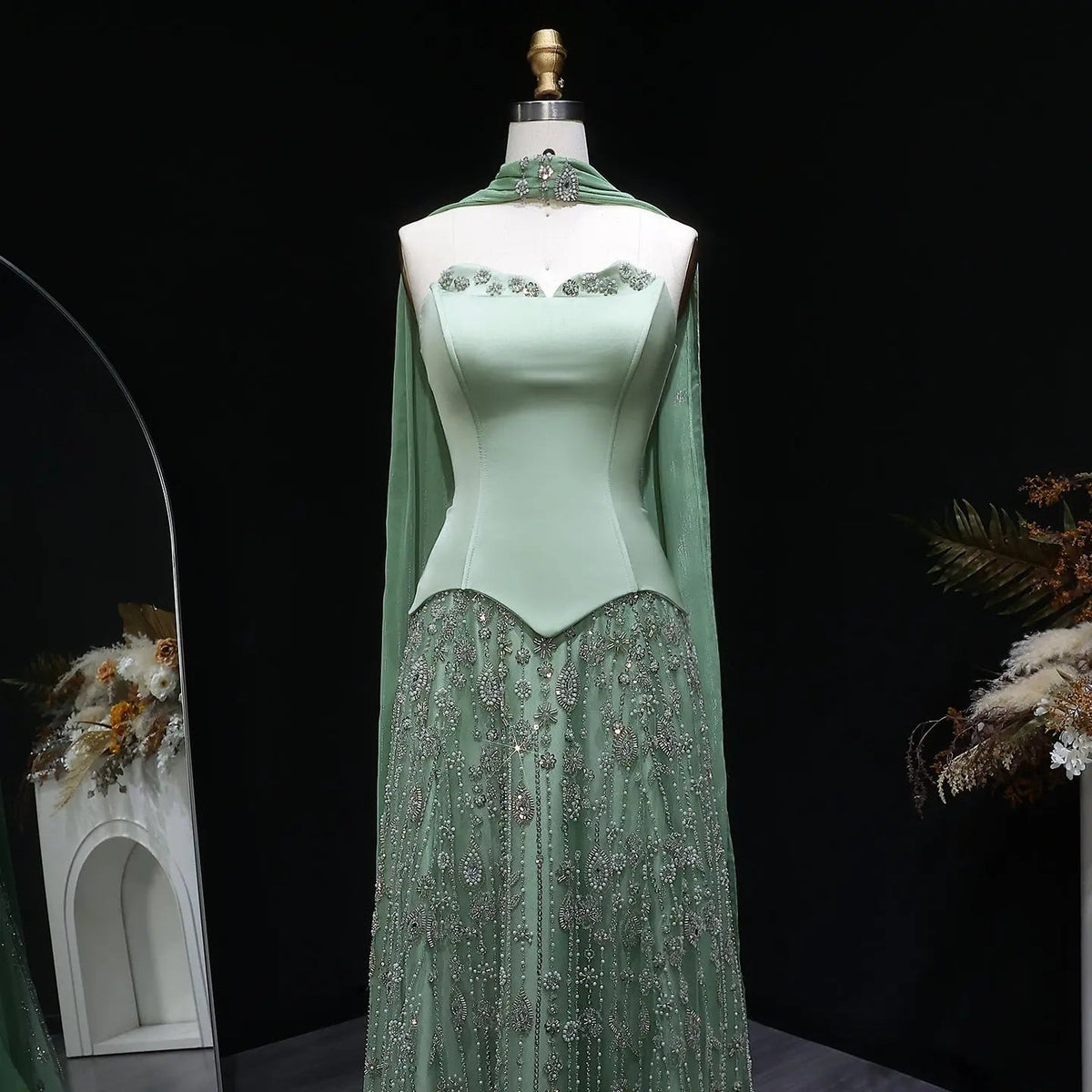 Luxury Vibrant Strapless Green Beaded Evening Dress with Scarf SS627