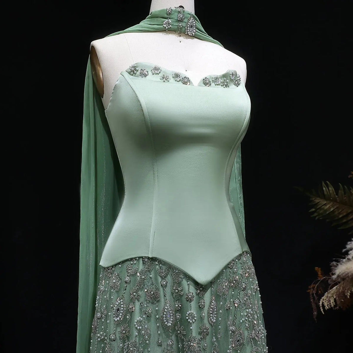 Luxury Vibrant Strapless Green Beaded Evening Dress with Scarf SS627