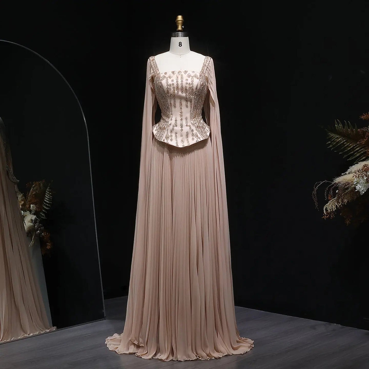 Elegant Wine Red Beaded Corset Evening Dress with Cape Sleeves SS349