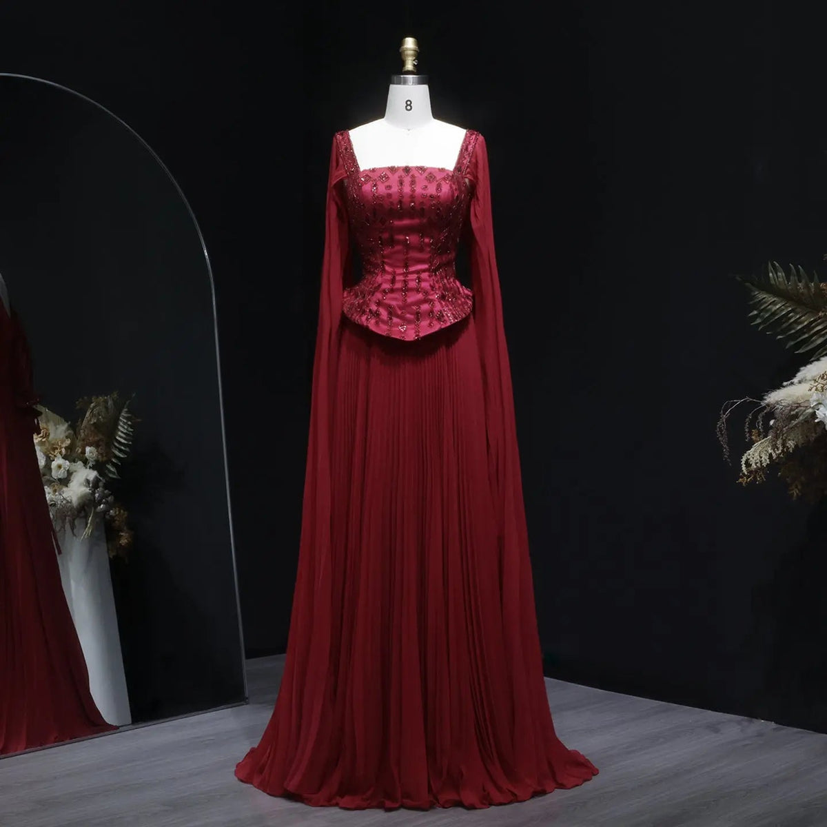 Elegant Wine Red Beaded Corset Evening Dress with Cape Sleeves SS349