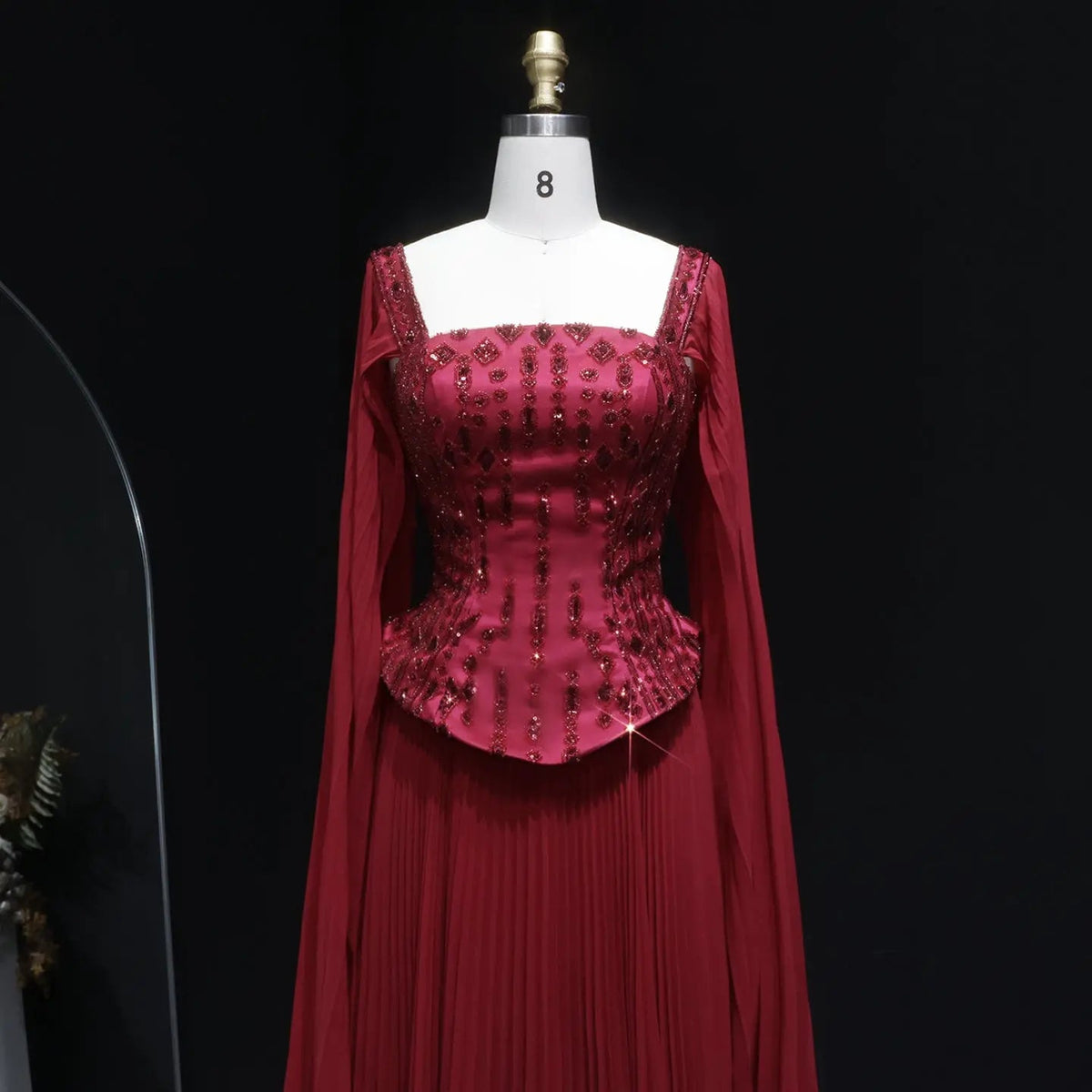 Elegant Wine Red Beaded Corset Evening Dress with Cape Sleeves SS349