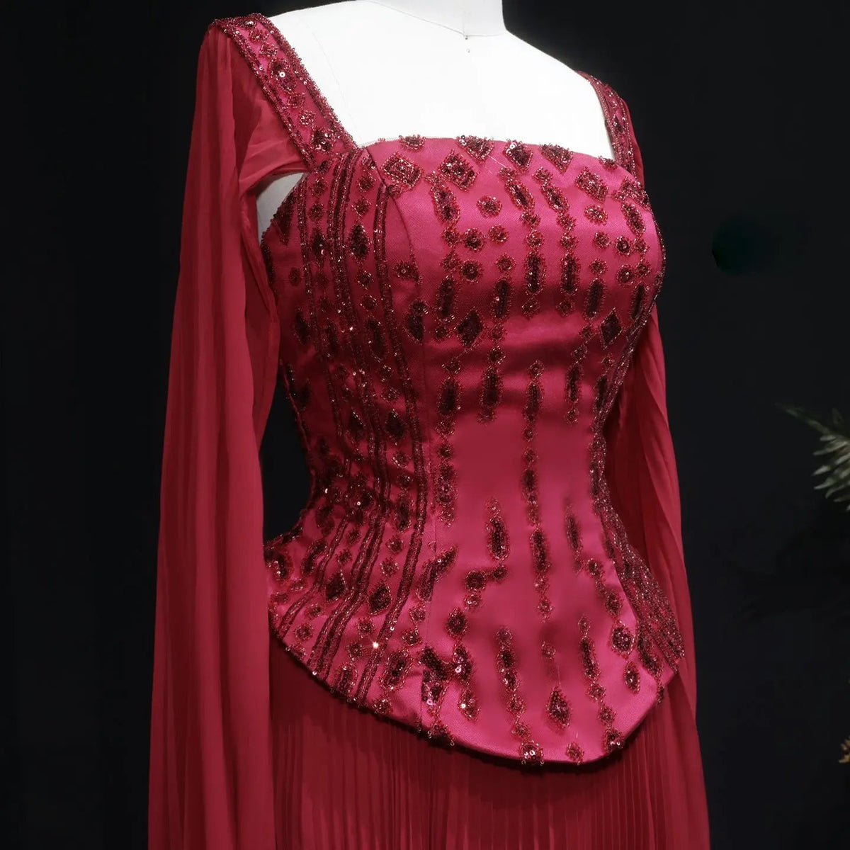 Elegant Wine Red Beaded Corset Evening Dress with Cape Sleeves SS349
