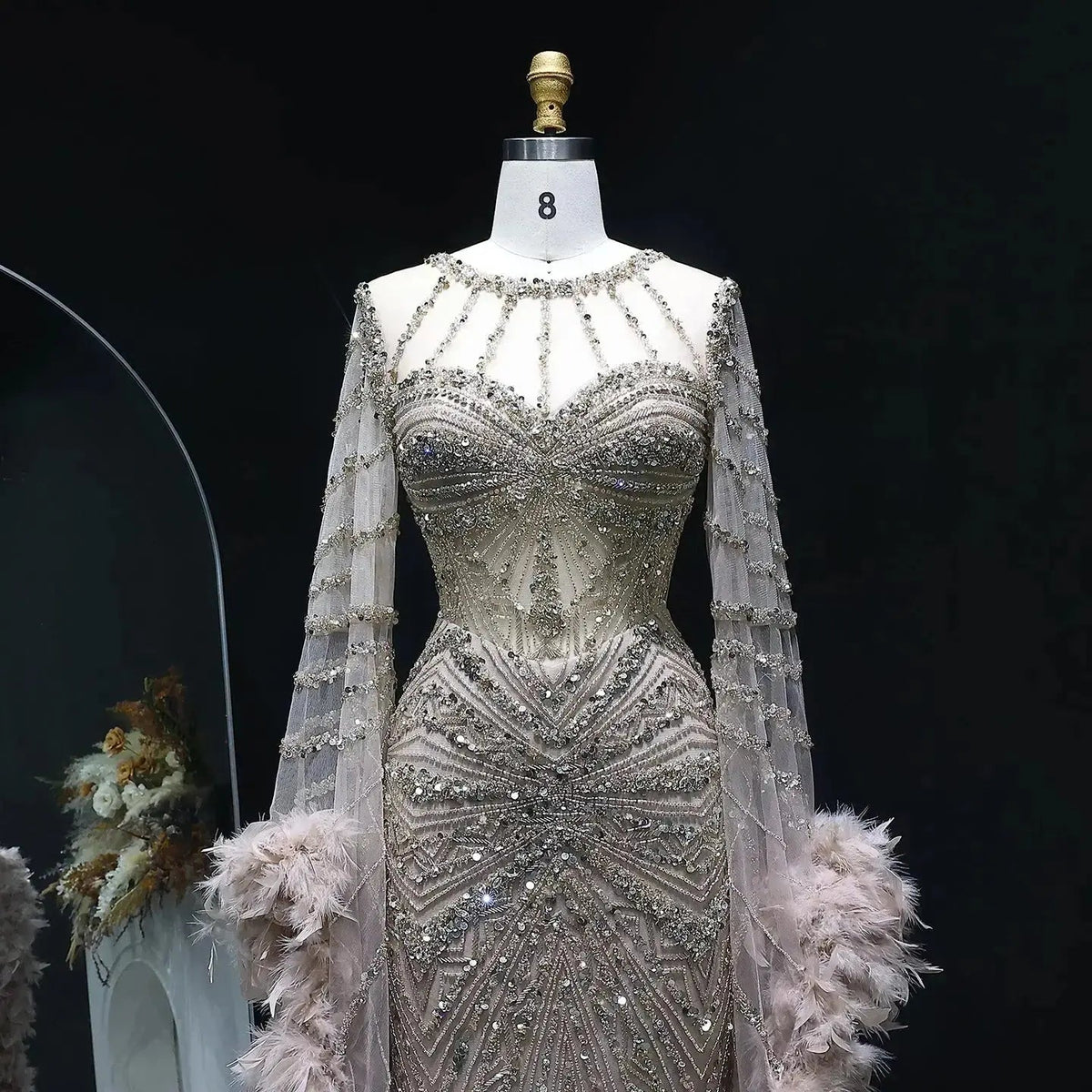 Luxury Beaded Evening Dress with Feather Cape Sleeves SS082