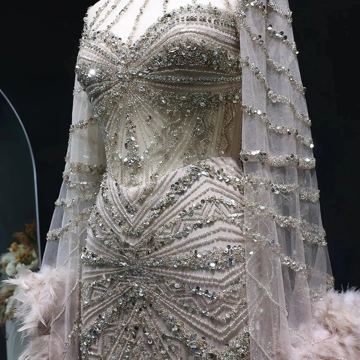 Luxury Beaded Evening Dress with Feather Cape Sleeves SS082
