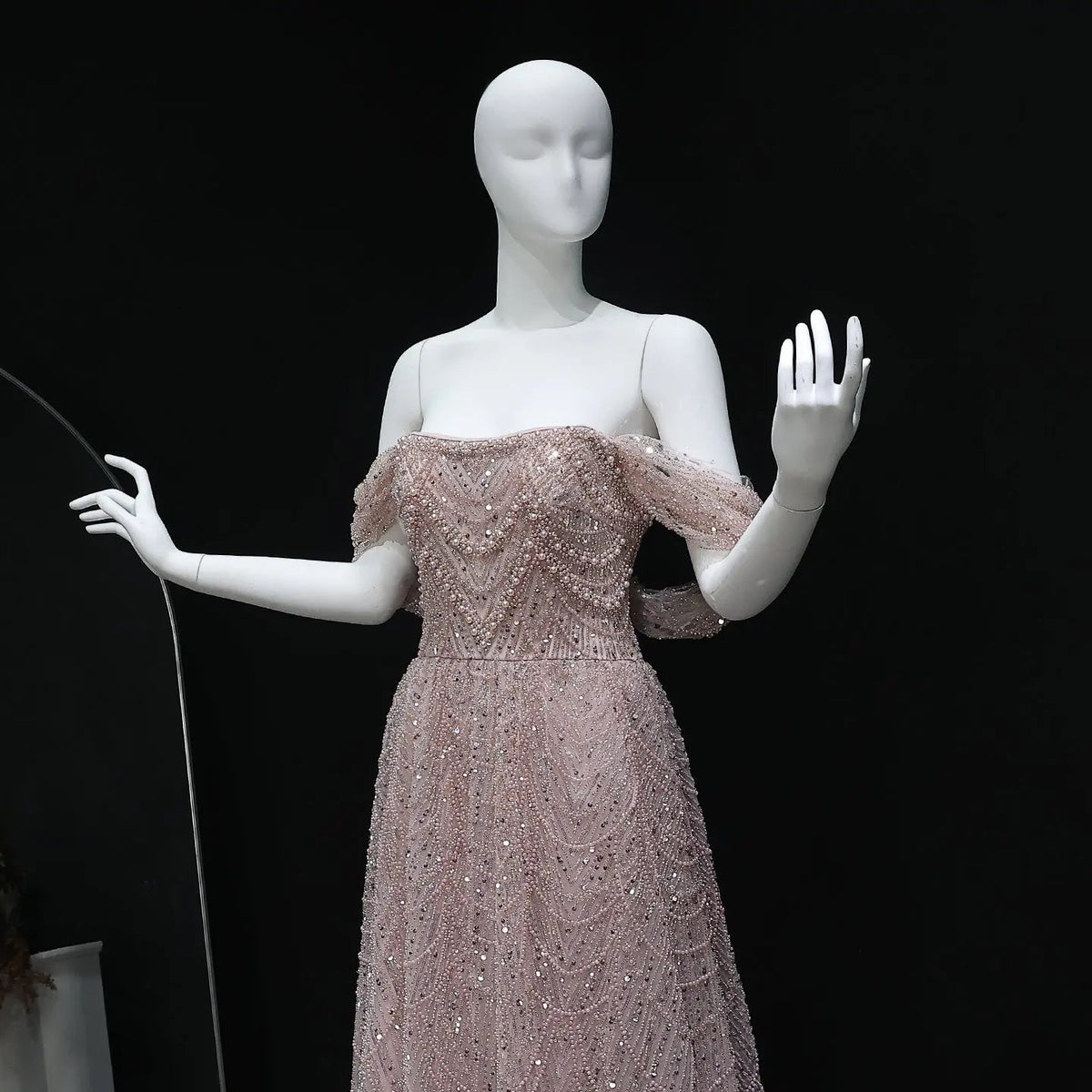 Luxury Beaded Champagne Off-Shoulder Evening Dress SS676