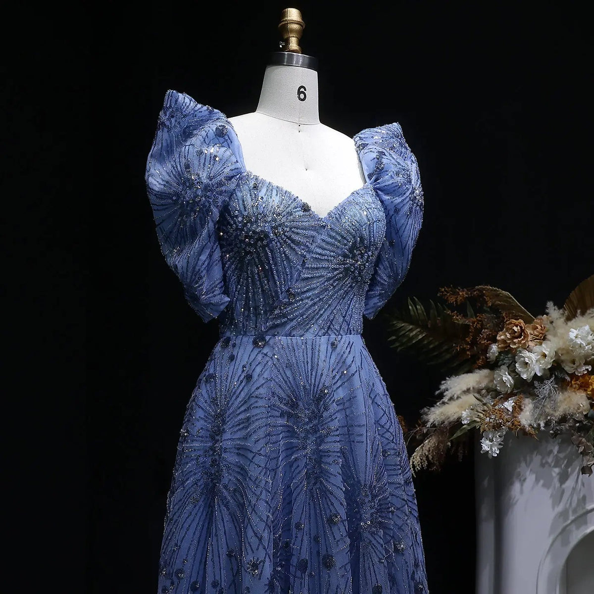 Glamorous Blue Puff Sleeve Sweetheart Neck Beaded Evening Dress SS080