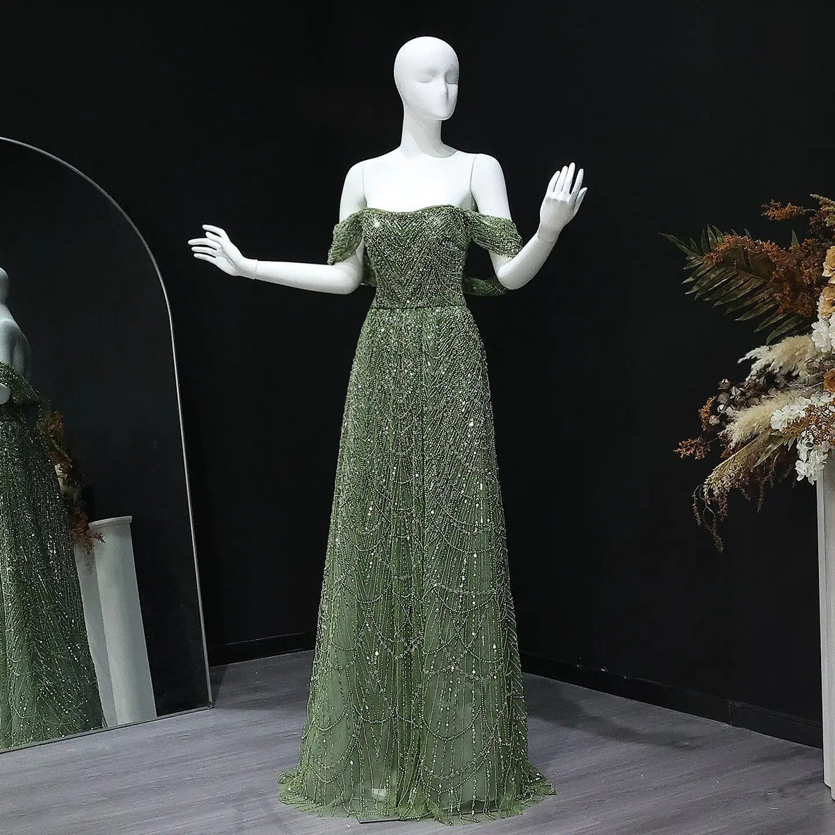 Luxury Beaded Champagne Off-Shoulder Evening Dress SS676