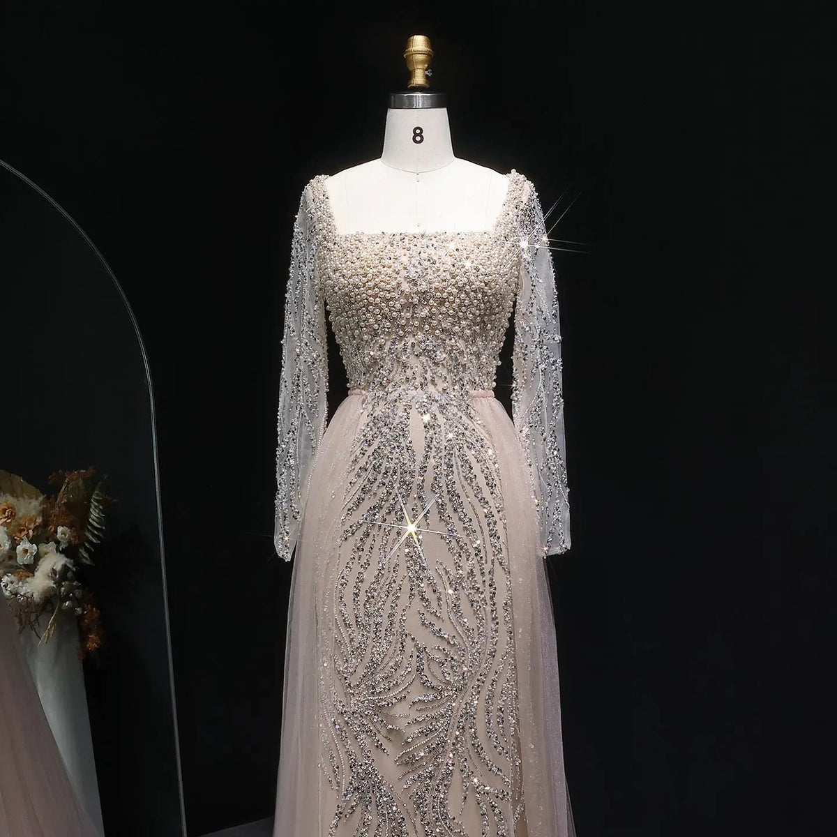 Luxury Beaded Champagne Long Sleeve Evening Dress SS632