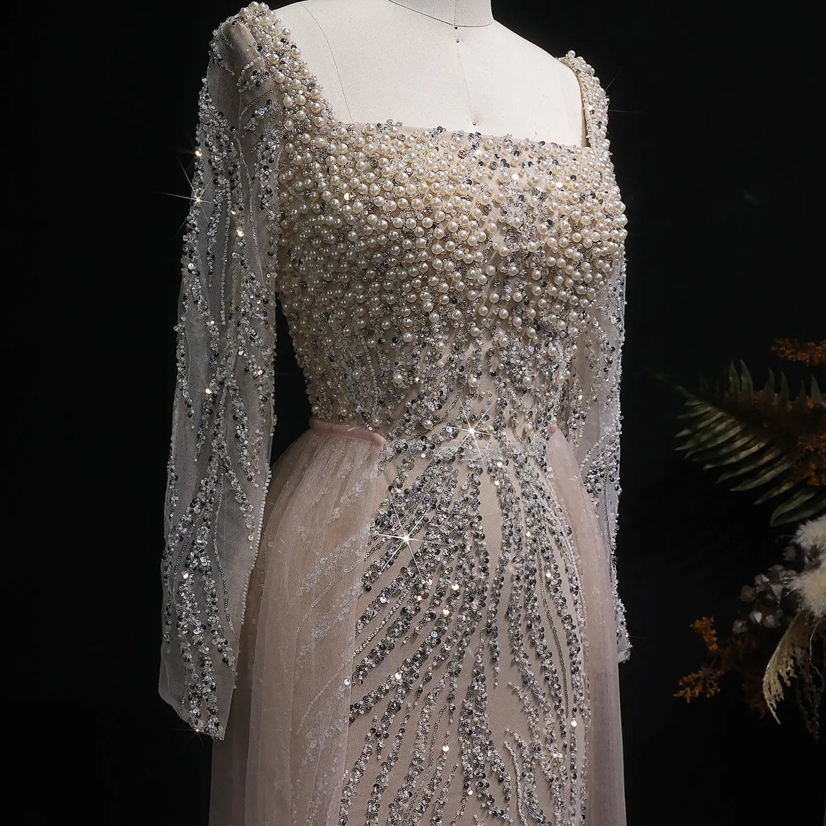 Luxury Beaded Champagne Long Sleeve Evening Dress SS632