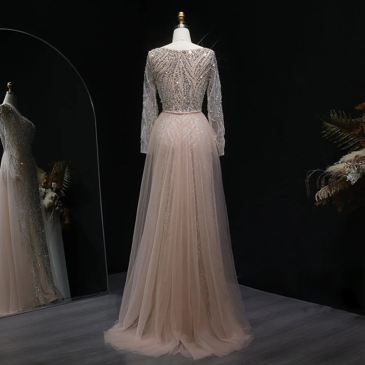 Luxury Beaded Champagne Long Sleeve Evening Dress SS632