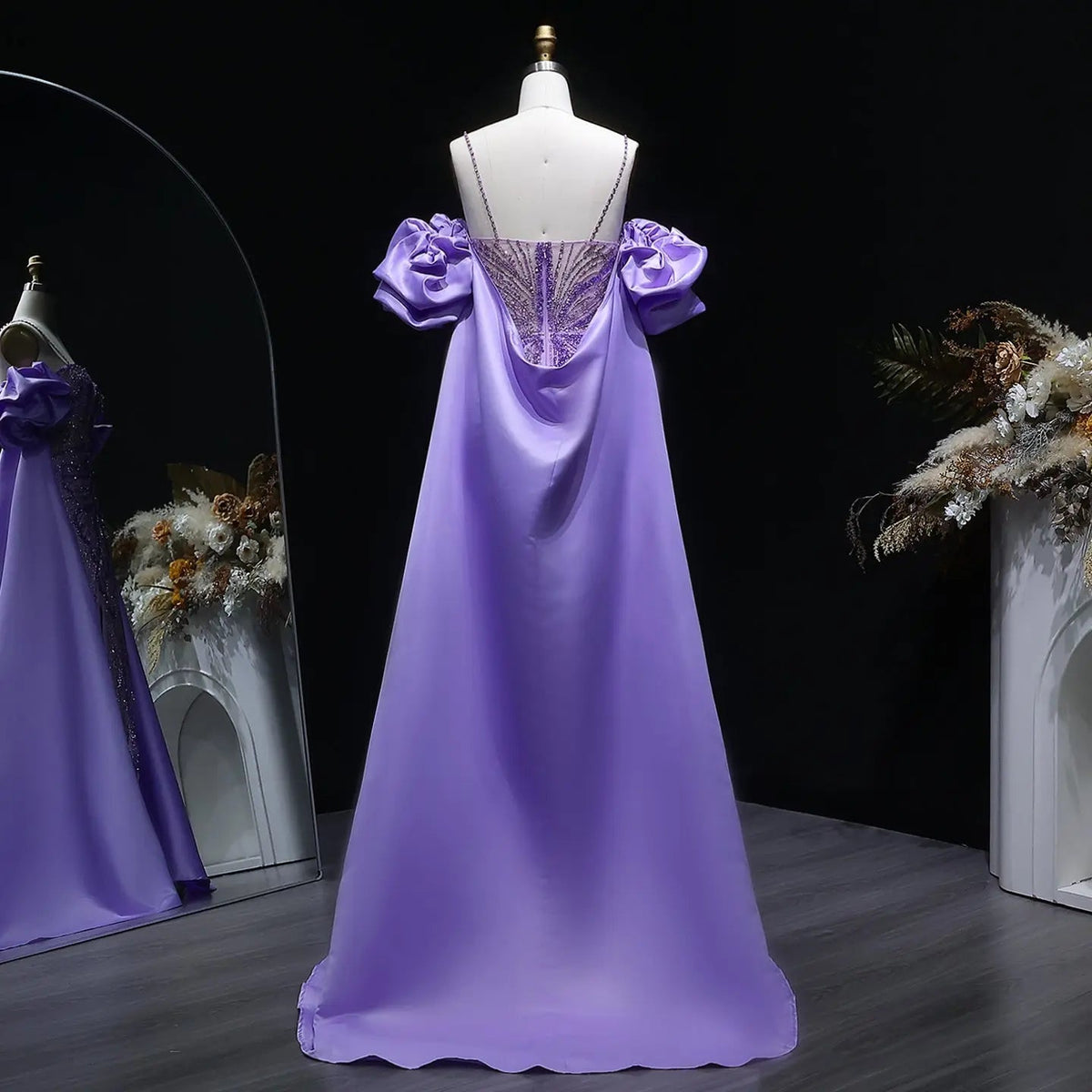 Luxury Lilac Beaded Cape High-Slit Evening Dress with Cap Sleeve SS157