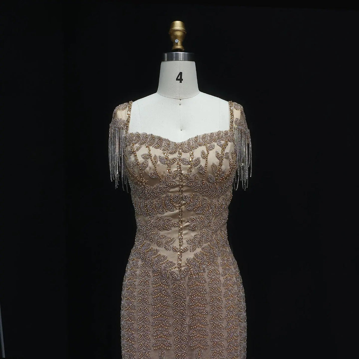 Luxury Tassel Cream Straight Evening Dress SS712