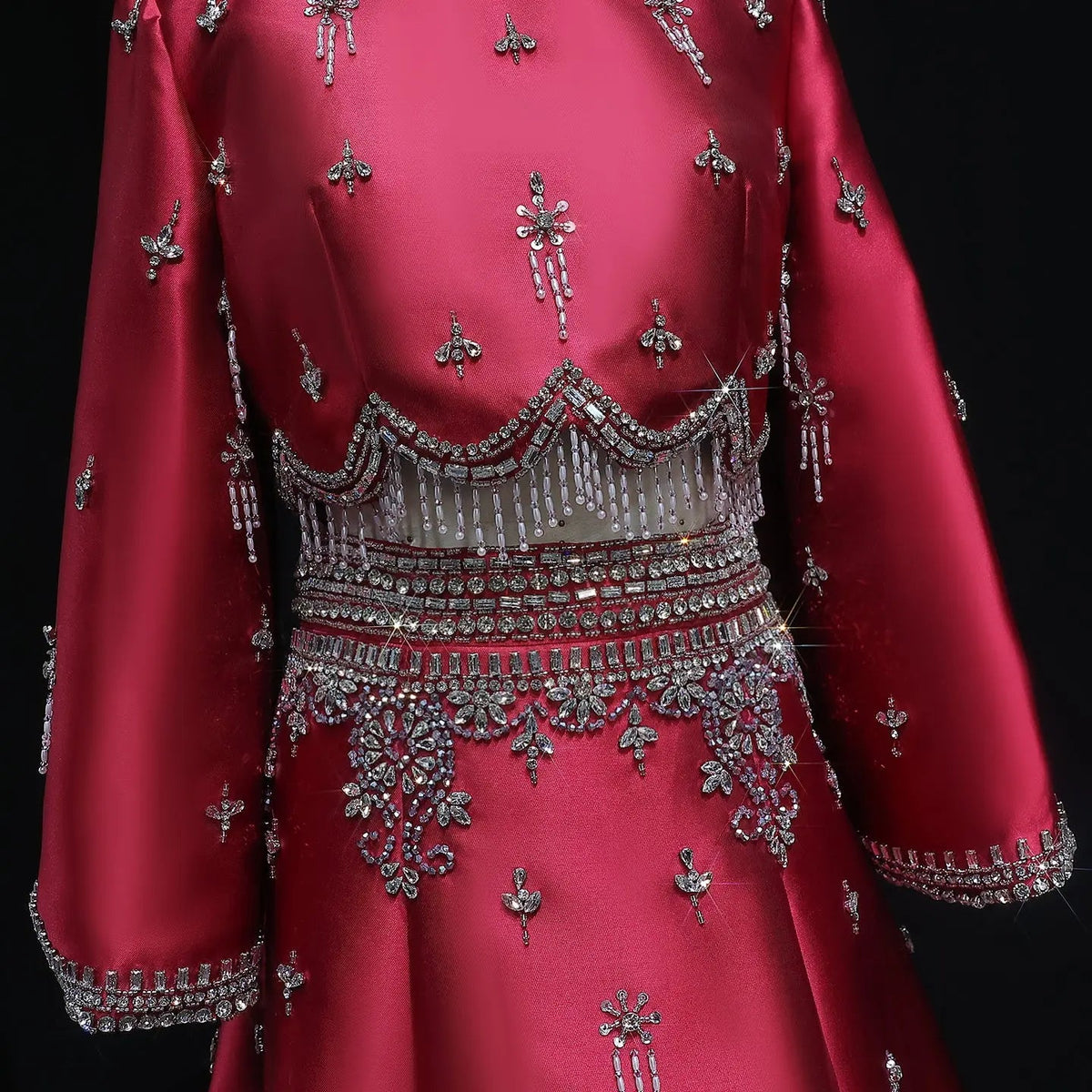 Luxury Burgundy Crystal Beaded 2 Piece Long Sleeve Evening Dress SS573