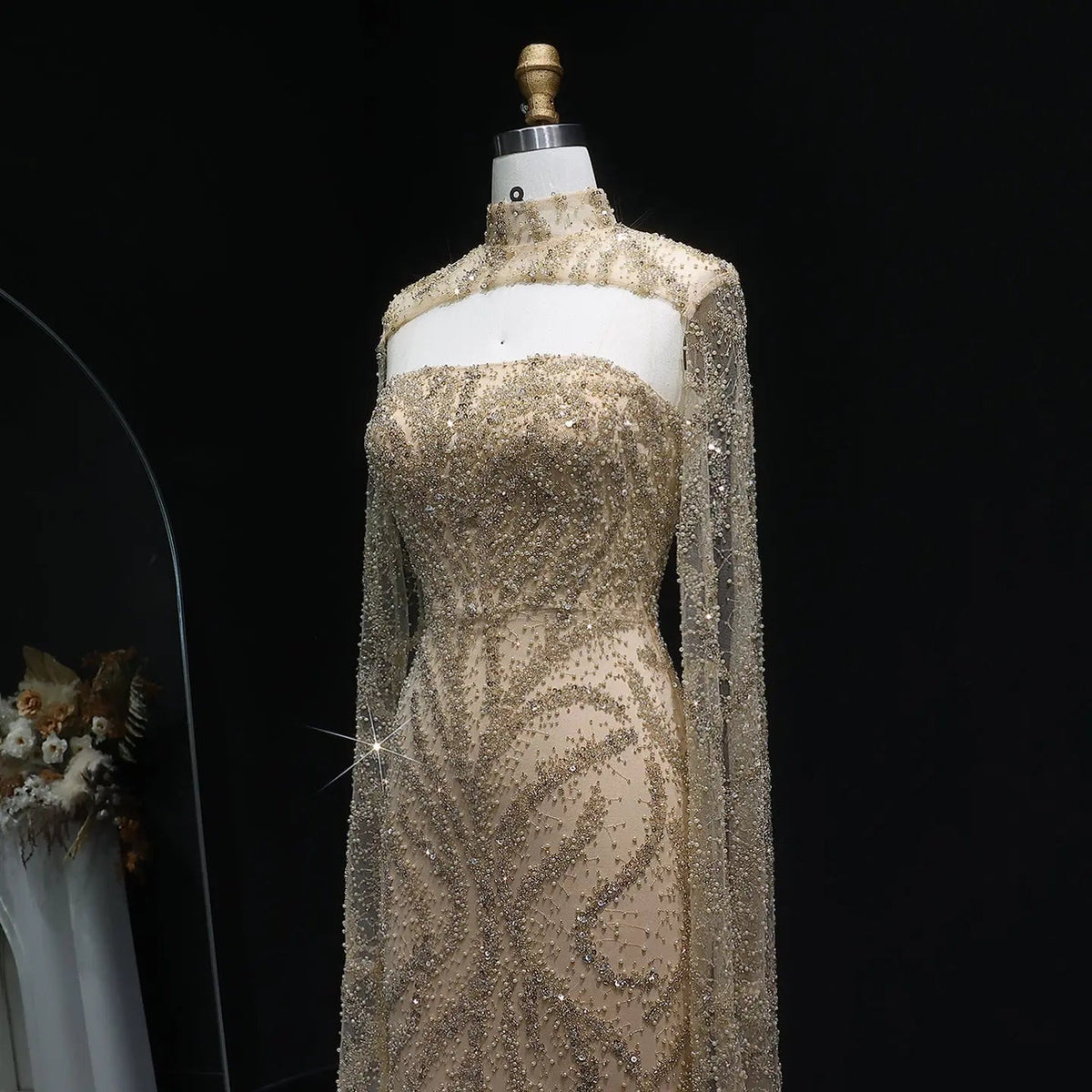 Luxury Beaded Red Mermaid Evening Dress with Cape Sleeves SS663