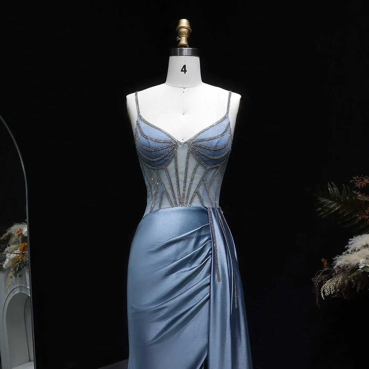 Luxury Blue Crystal Sheer Ruched High-Slit Mermaid Prom Dress SH405