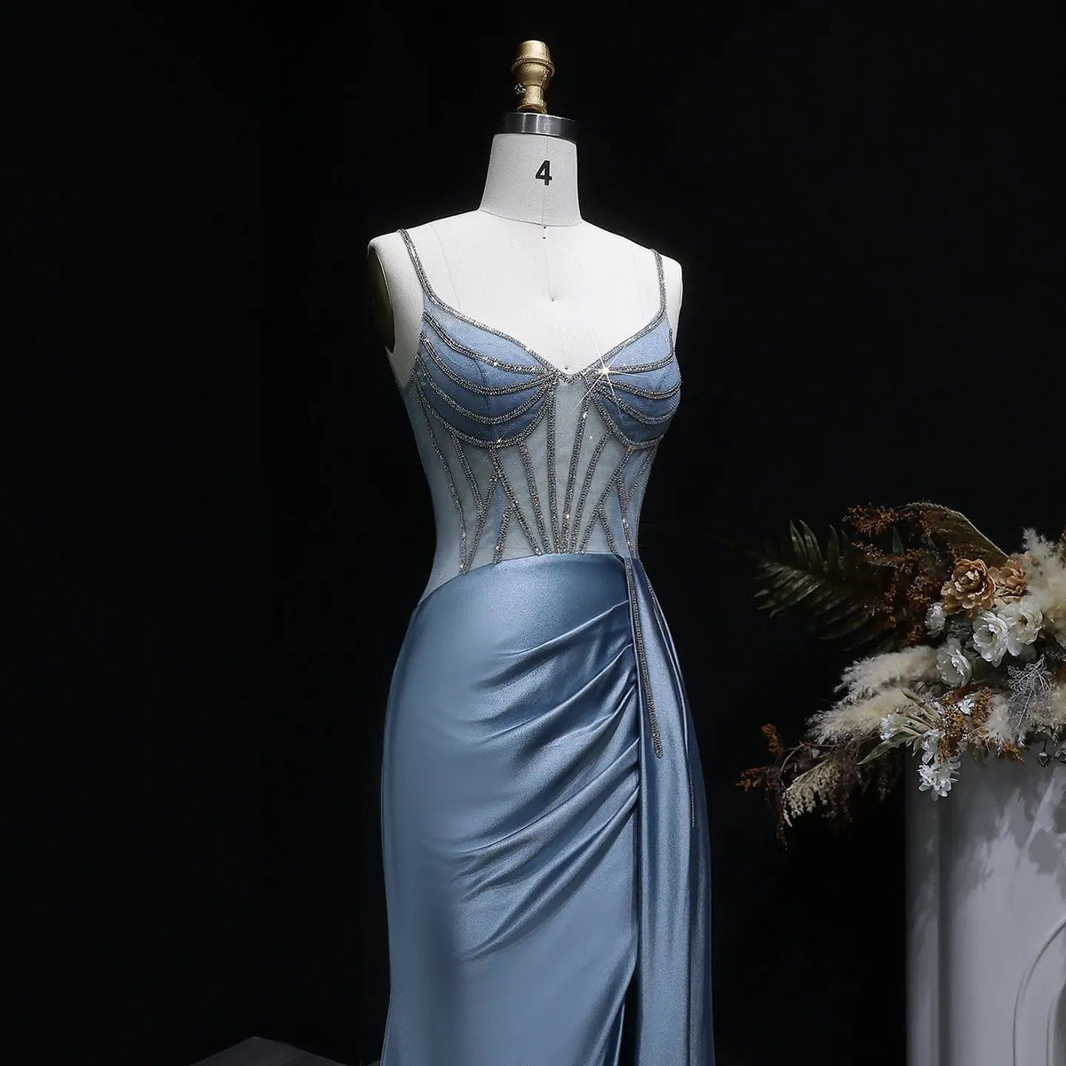 Luxury Blue Crystal Sheer Ruched High-Slit Mermaid Prom Dress SH405