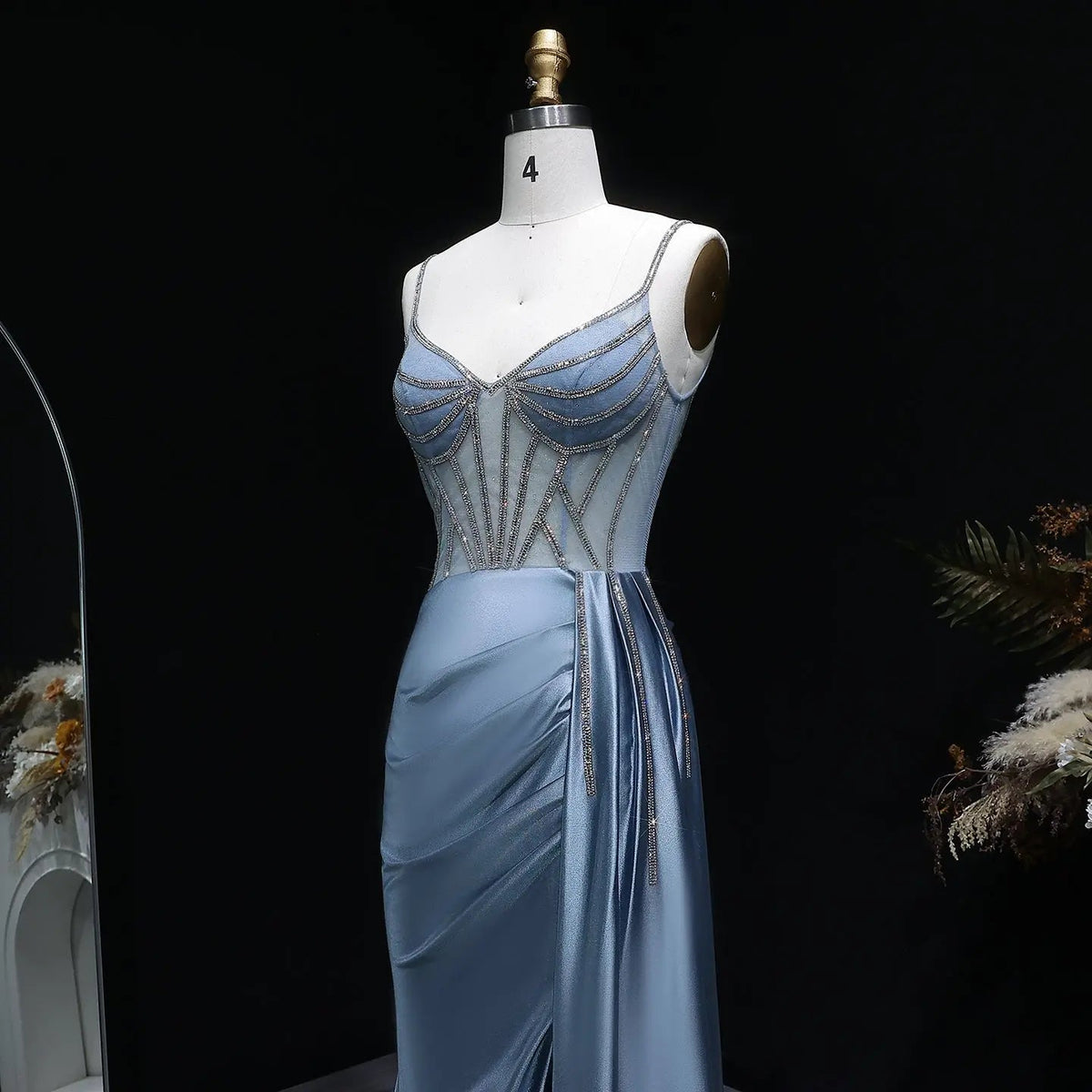 Luxury Blue Crystal Sheer Ruched High-Slit Mermaid Prom Dress SH405