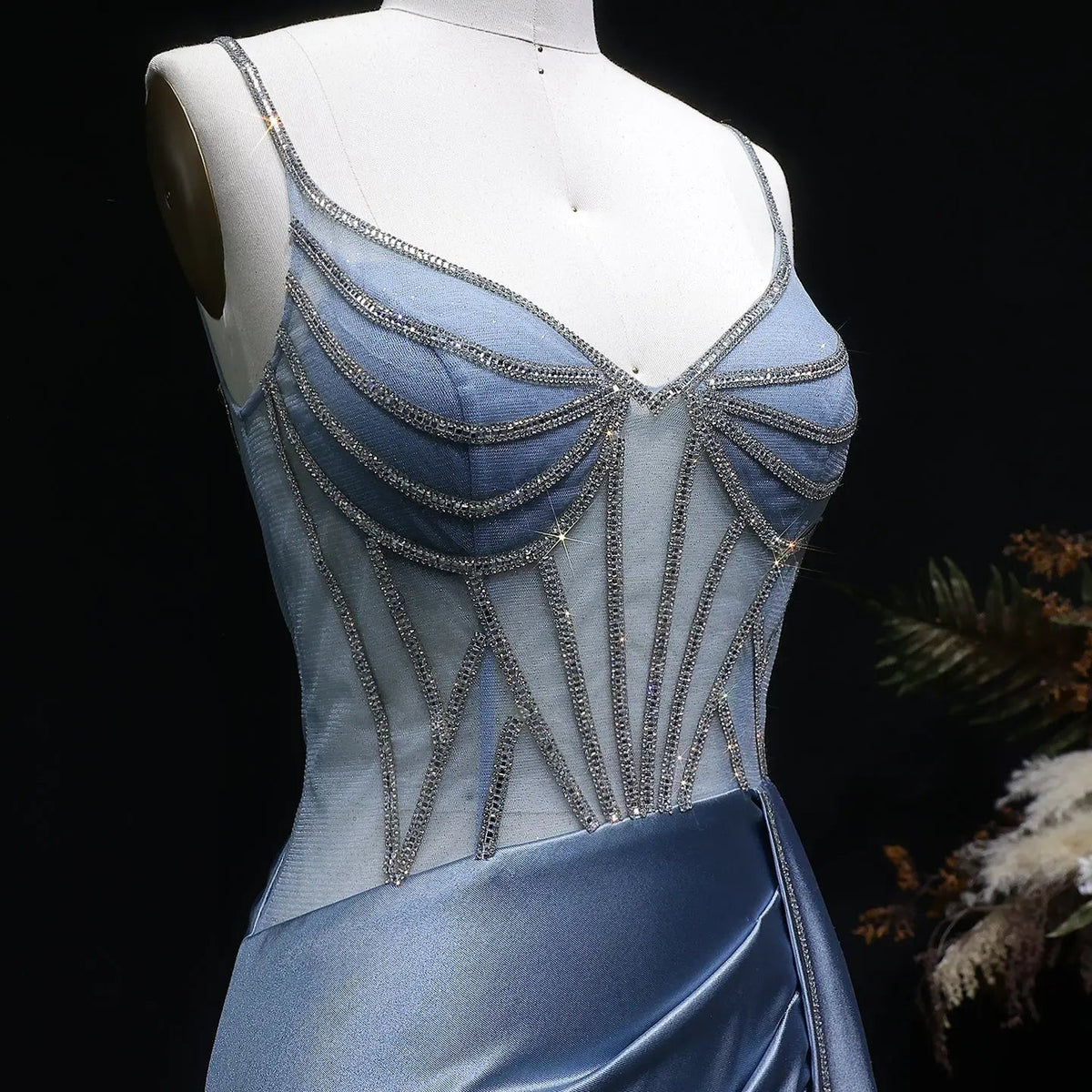 Luxury Blue Crystal Sheer Ruched High-Slit Mermaid Prom Dress SH405